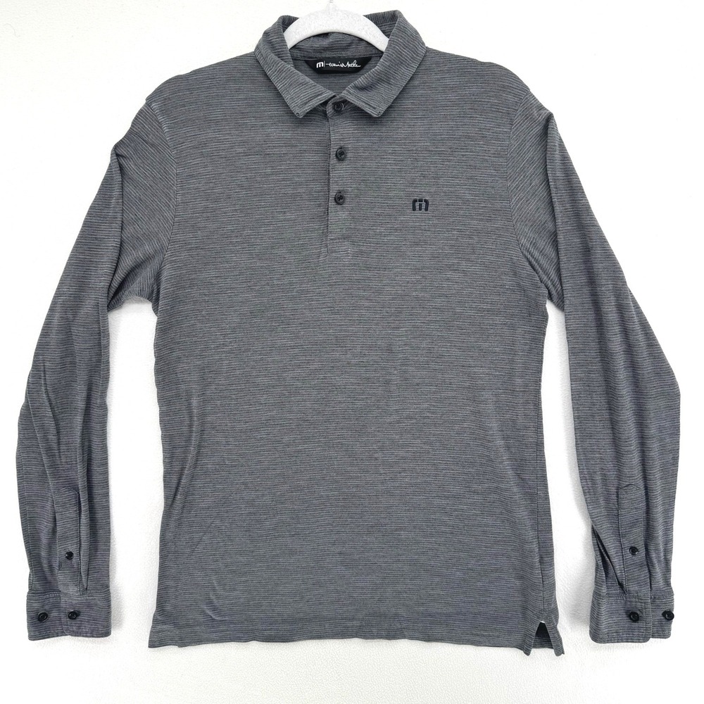 TravisMathew Polo Shirt Mens Small Grey Long Sleeve Striped Golf Casual‎ Top